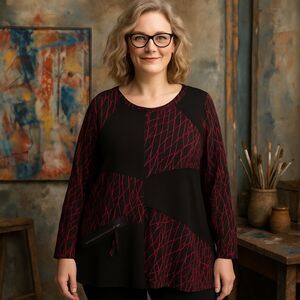 Yushi Womens Large‎ Black Red Crackle Artsy Asian Avant Garde Tunic Shirt Top